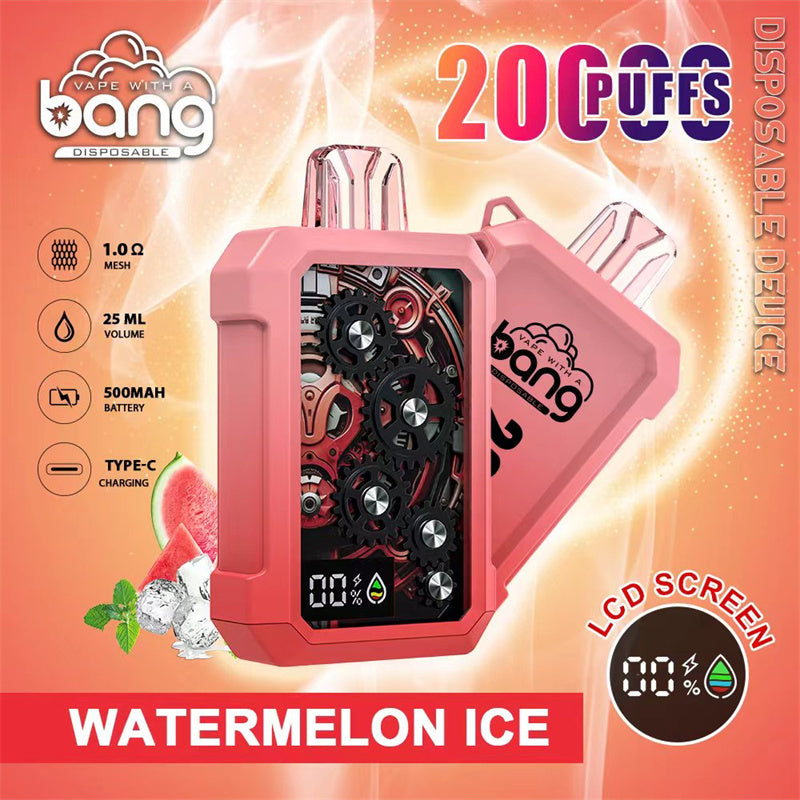 BANG Original China Europe UK Asia Metal Gear 20000 with LCD Screen Disposable Vape Device E-Cigarette Wholesale Supplier Distributor and OEM ODM-500mAh Battery, 25ml E-liquid, Multiple Nicotine 12 Flavors