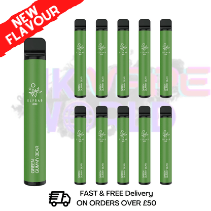 Elf Bar 600puff - Green Gummy BEAR Flavour Box of 10