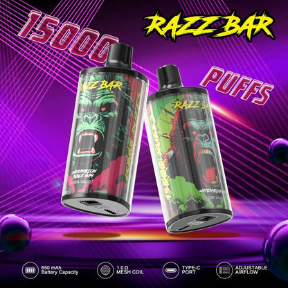 Razz Bar 15000 Puffs - 28mL, 5% Nic Salt, 12 Flavors, Mesh Coil
