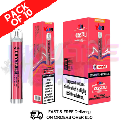 Watermelon Strawberry Bubblegum - Crystal Bar Puffs 600 VU9 Box Of 10